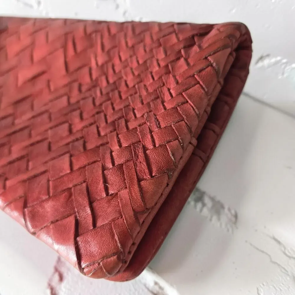 Vilenca Holland Wallet Red Leather Woven Soft Pocket Slots Basketweave Organizer